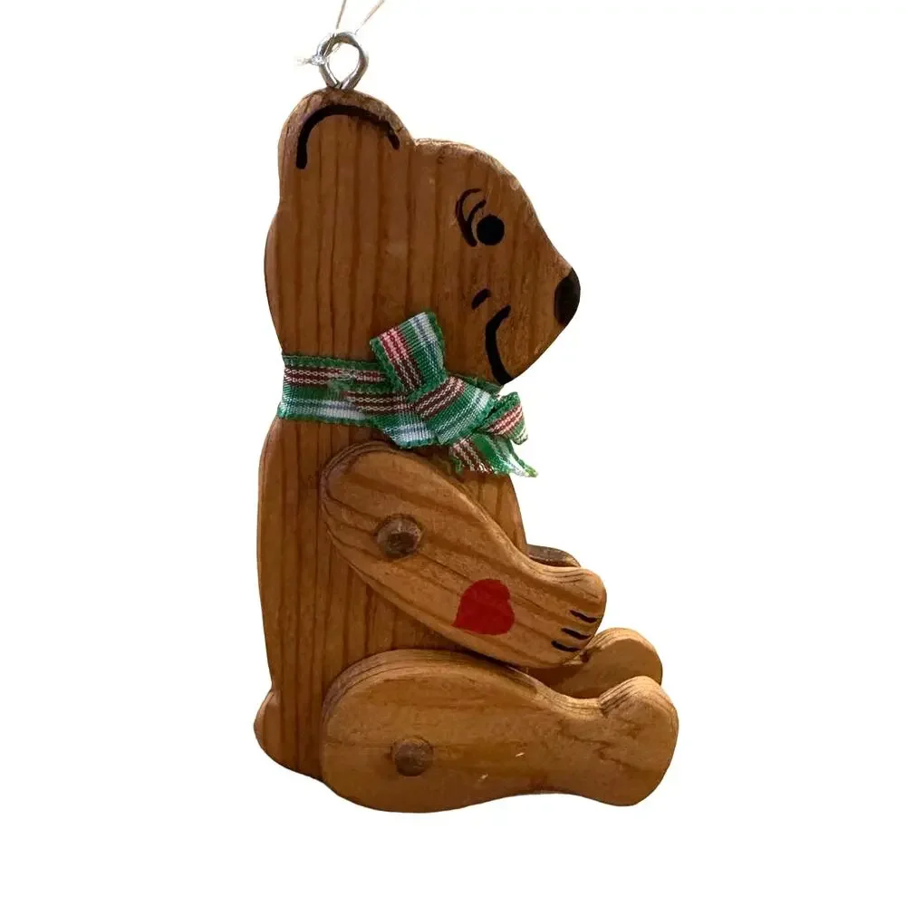Wooden Posable Teddy Bear Christmas Tree Ornament  Ribbon